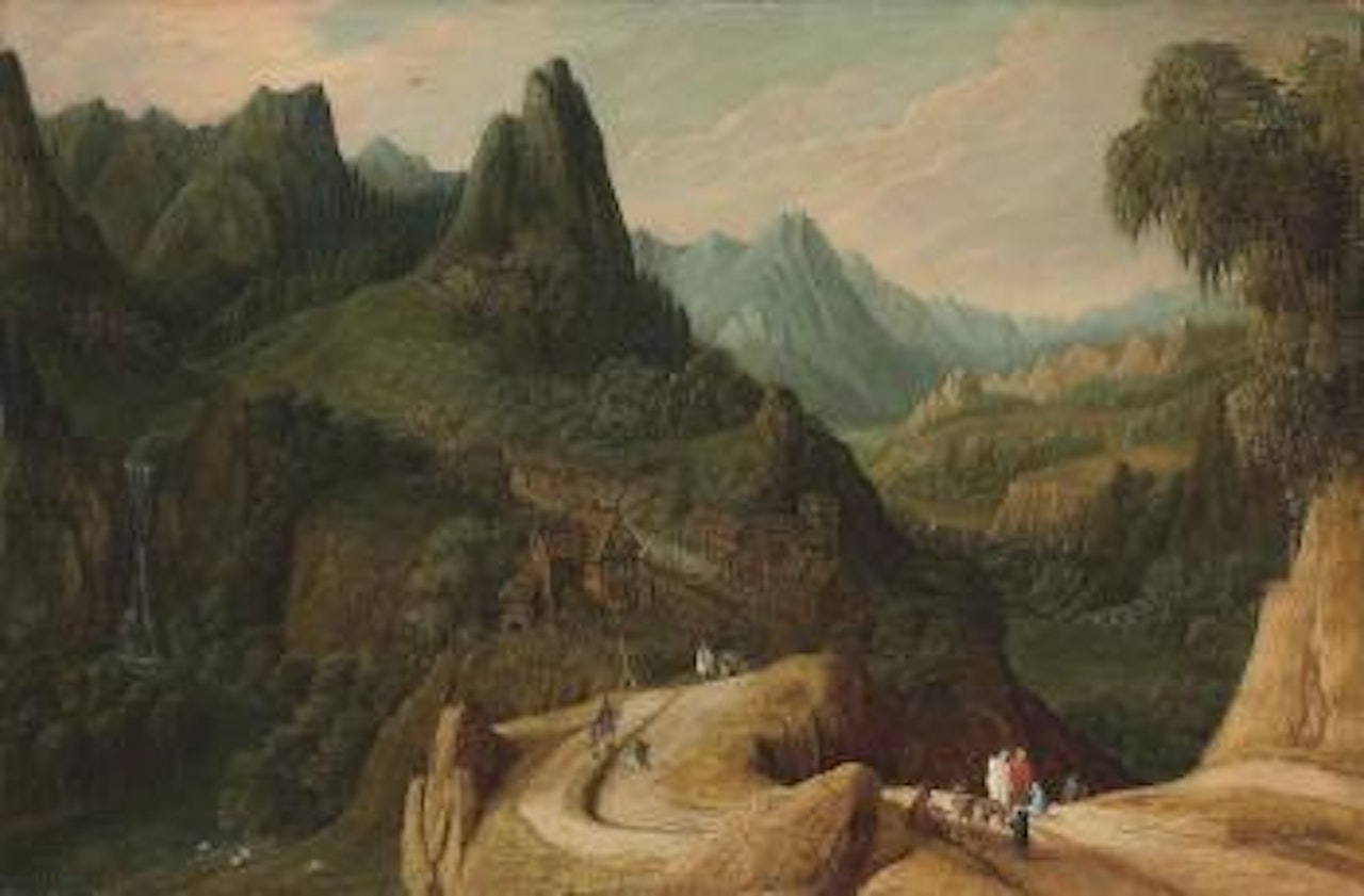 A mountainous landscape with travellers on a track by Tobias Verhaecht