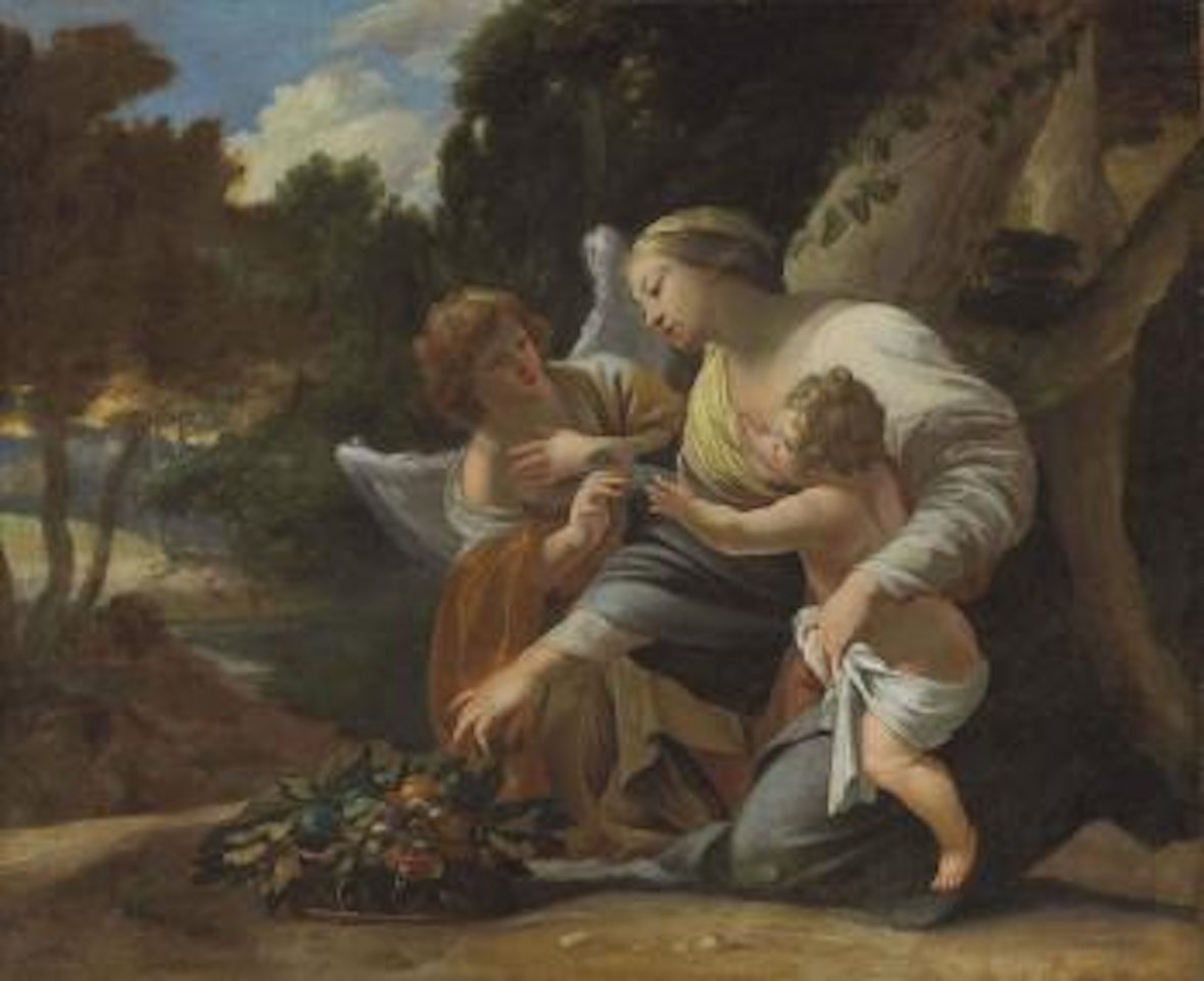 The Virgin and Child with an angel in a landscape by Simon Vouet