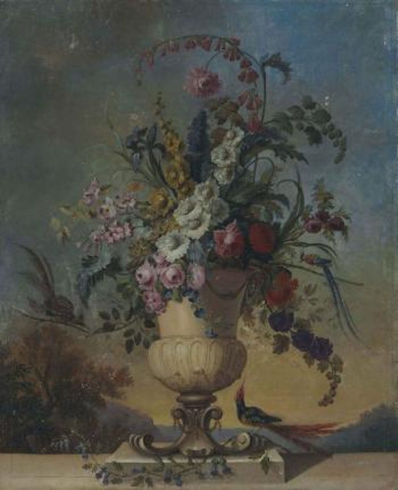 Roses, irises, morning glory, fox glove and other flowers in a sculpted urn, on a ledge, with birds, in a landscape by Jean Jacques Bachelier