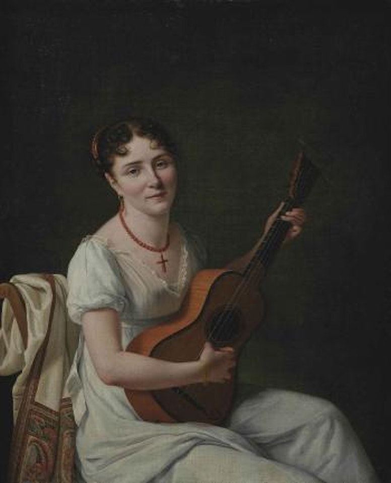 A lady playing a guitar by French School