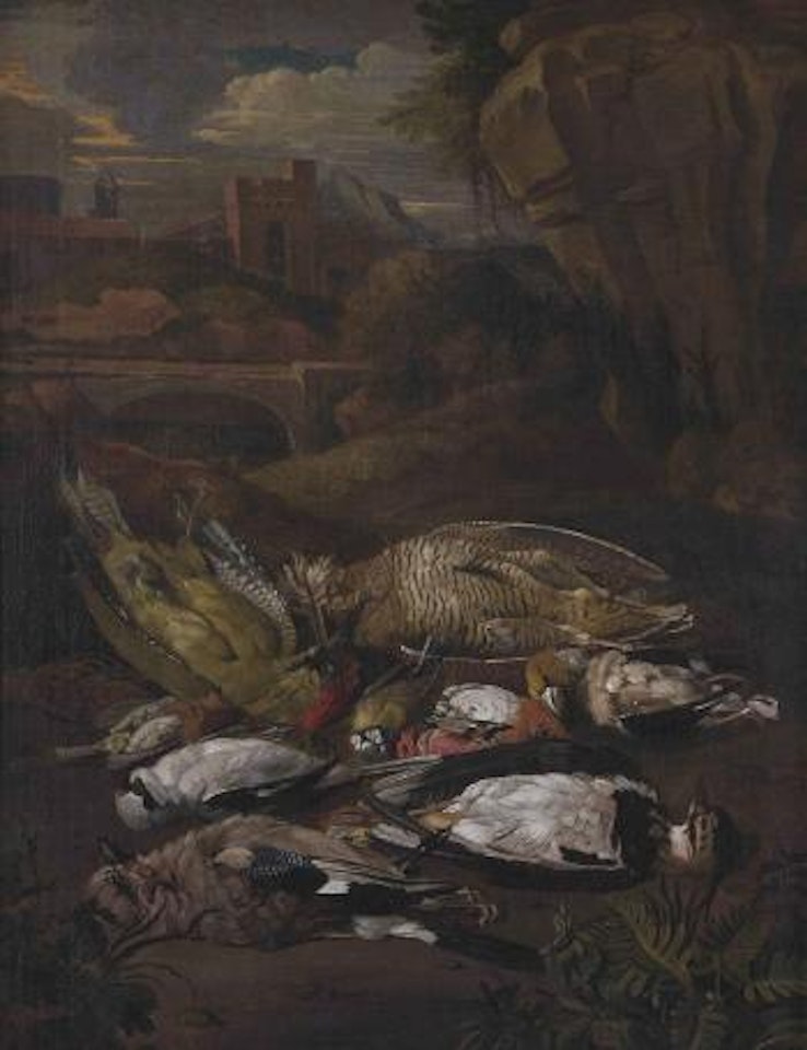 A green woodpecker, a woodcock, a jay, a bluetit, a chaffinch and other birds in a rocky landscape, a bridge, a town and mountains beyond by German School