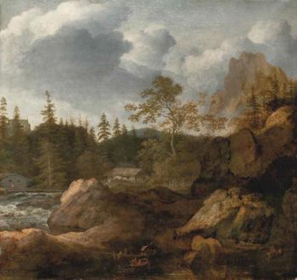 A Scandinavian river landscape with figures in boats by a shore by Allart van Everdingen
