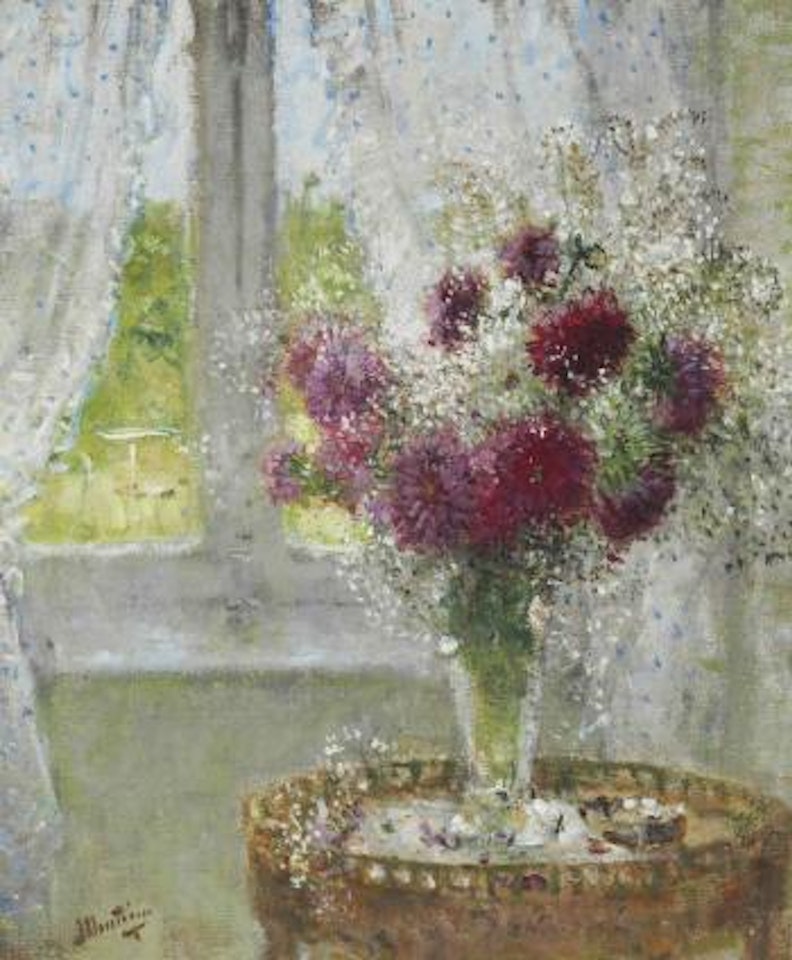 Vase de fleurs, devant une fenêtre by Pierre Eugène Montezin