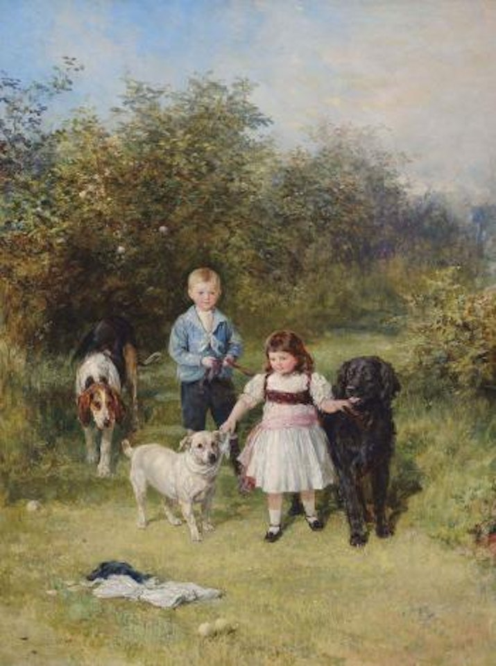 A boy and girl with their pets in a garden by Heywood Hardy
