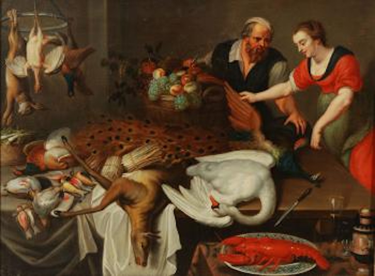Interno di cucina con vivandieri, cacciagione, astice e frutta [Kitchen interior with game and fruit] by Dutch School
