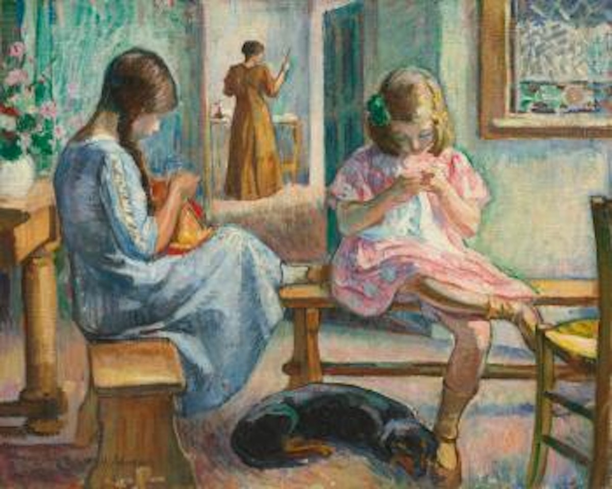 Marthe Et Nono Cousant Dans Un Intérieur by Henri Lebasque