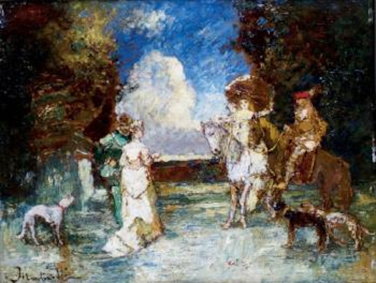 La conversation élégante dans un parc by Adolphe Monticelli