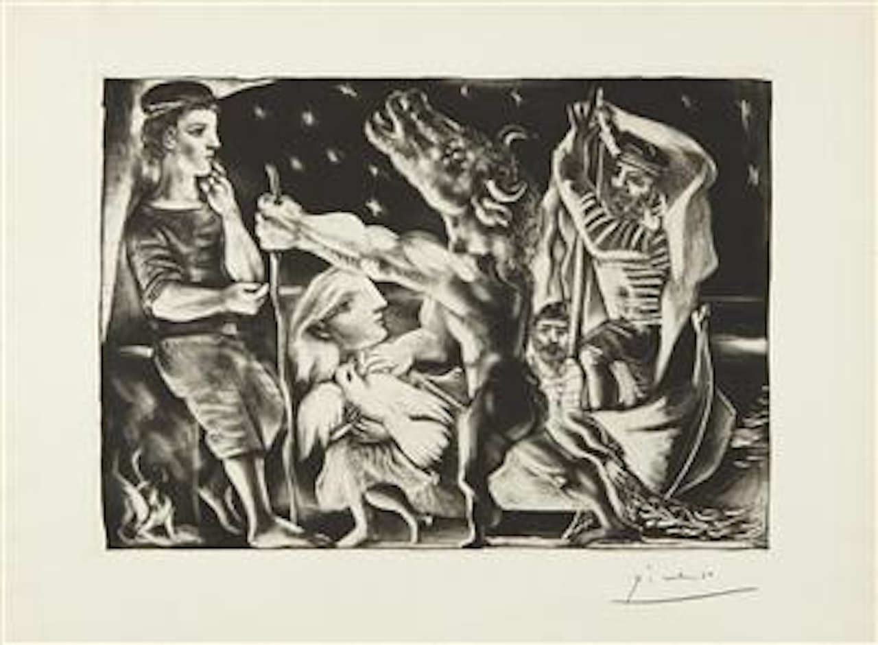 Minotaur aveugle guidÃ© fillette dans la nuit (Blind Minotaur Guided by a Young Girl in the Night), plate 97 from La suite Vollard by Pablo Picasso