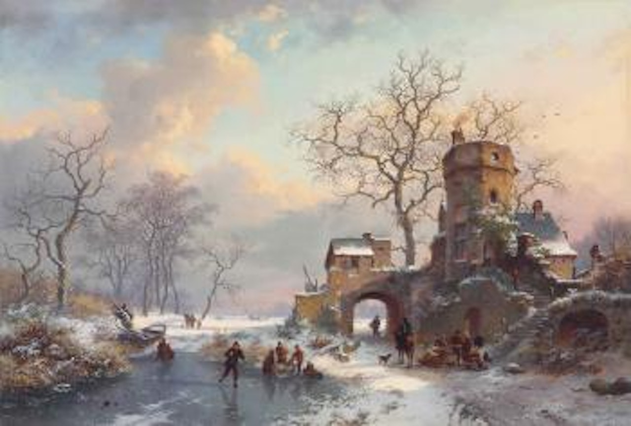 Winter landscape with figures on the ice by Fredrik Marinus Kruseman