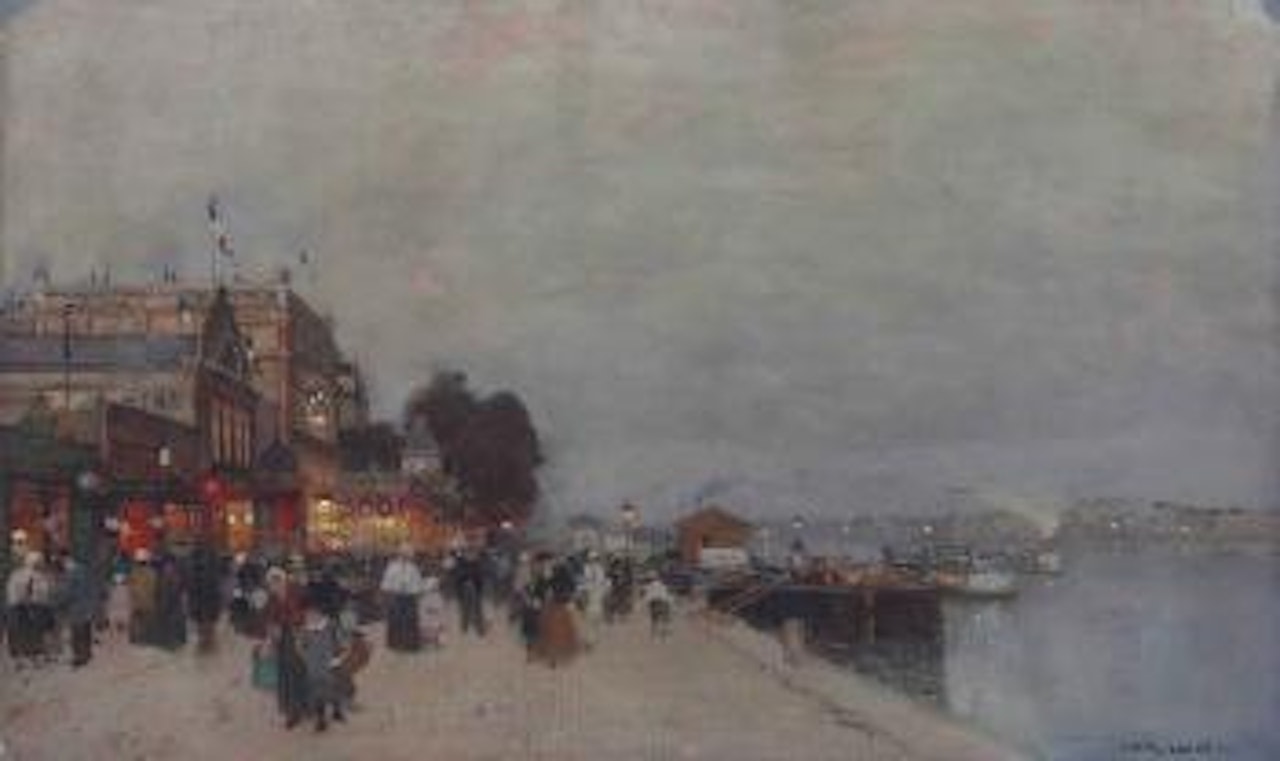 A crowd in front of a theatre on the bank of the Seine by Luigi Loir