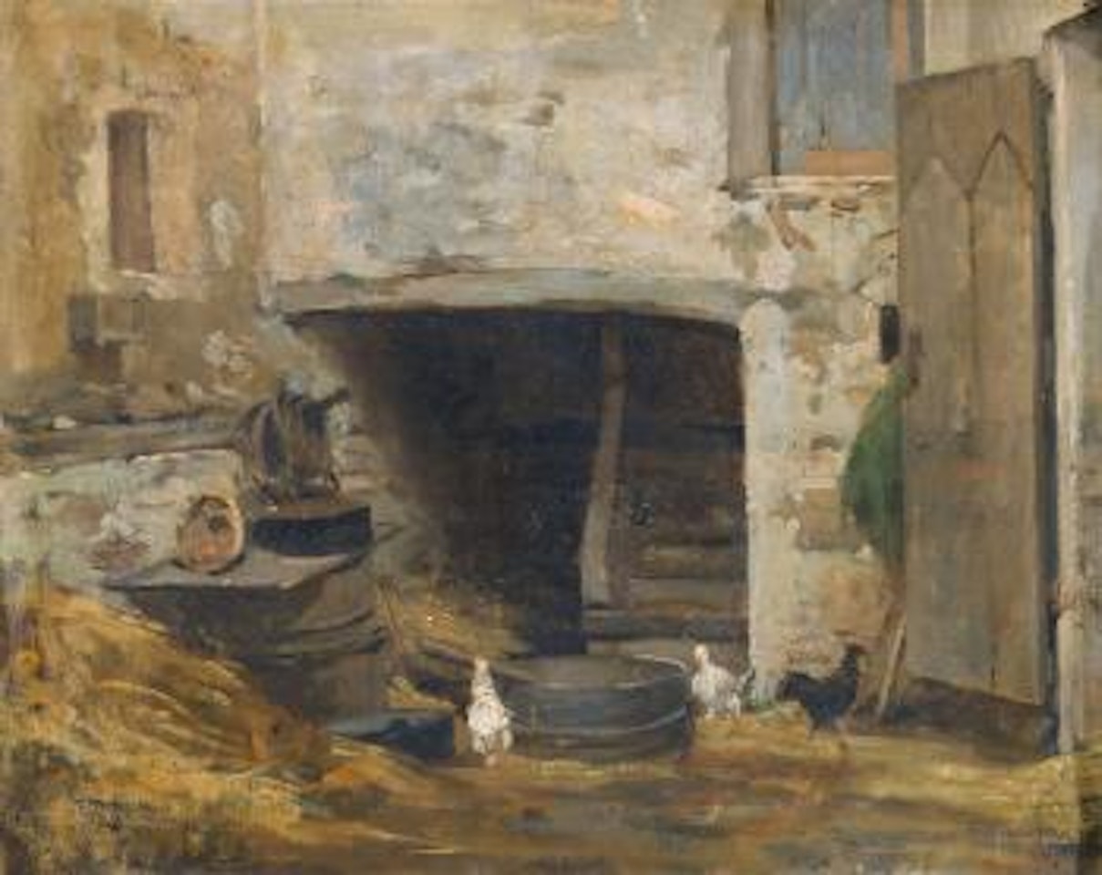 Hinterhof mit Hühnern. by Albert Anker