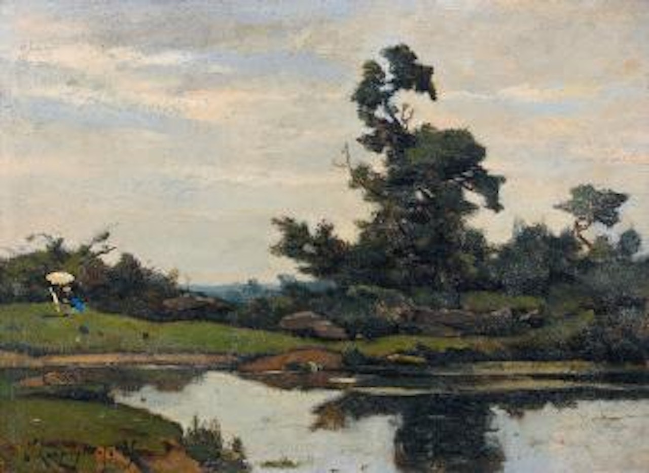 Uferpartie mit Maler und Staffelei. by Henri Harpignies