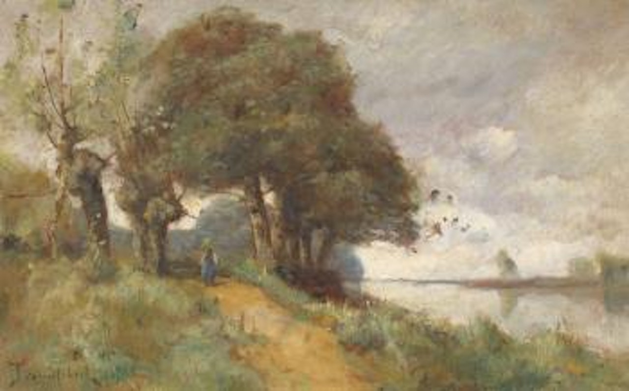 Idyllisches Flussufer mit Bäuerin. by Paul Désiré Trouillebert