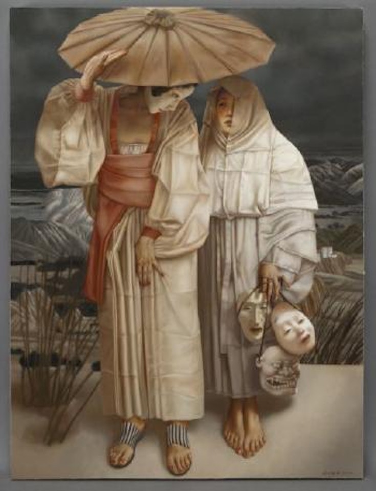 Geisha and Woman holding Masks by Lui Liu