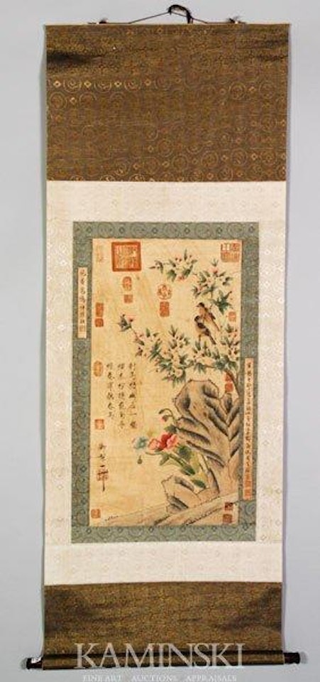 Branch of quince blossom, a pair of song birds and a rock by Song Huizong