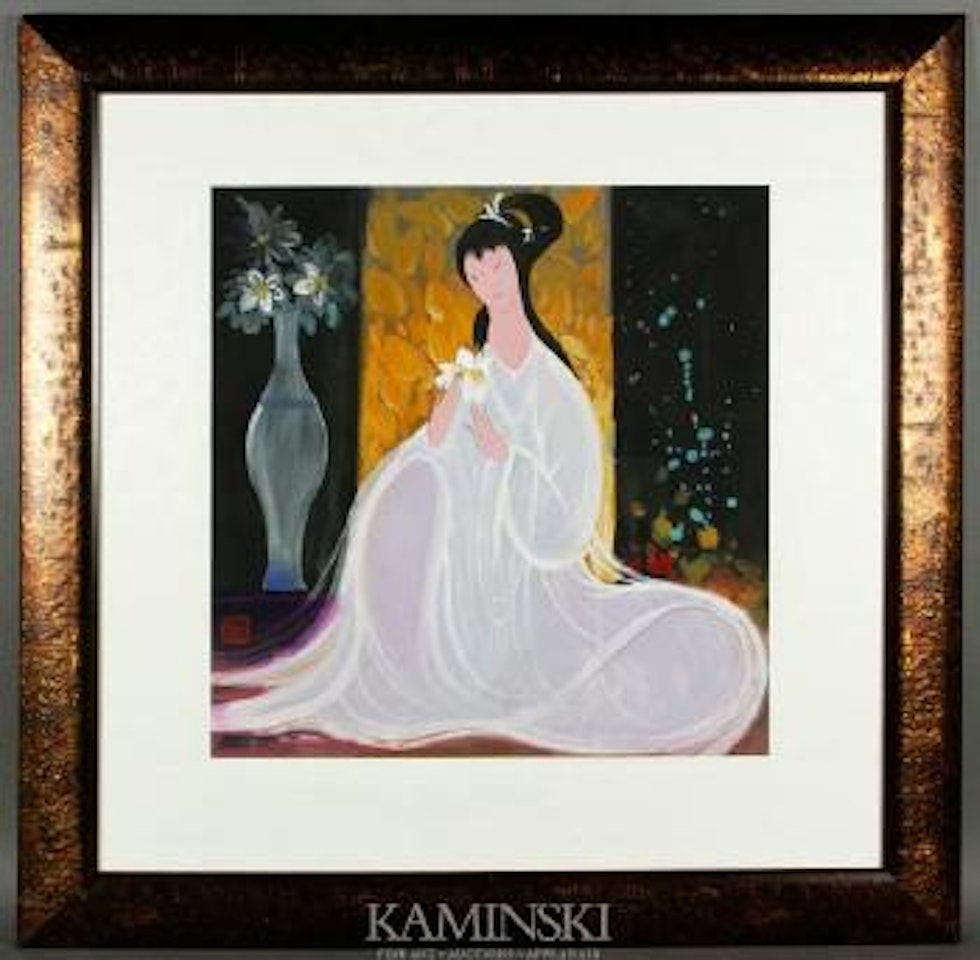 Lady with a vase, seated holding a white lotus flower by Lin Fengmian