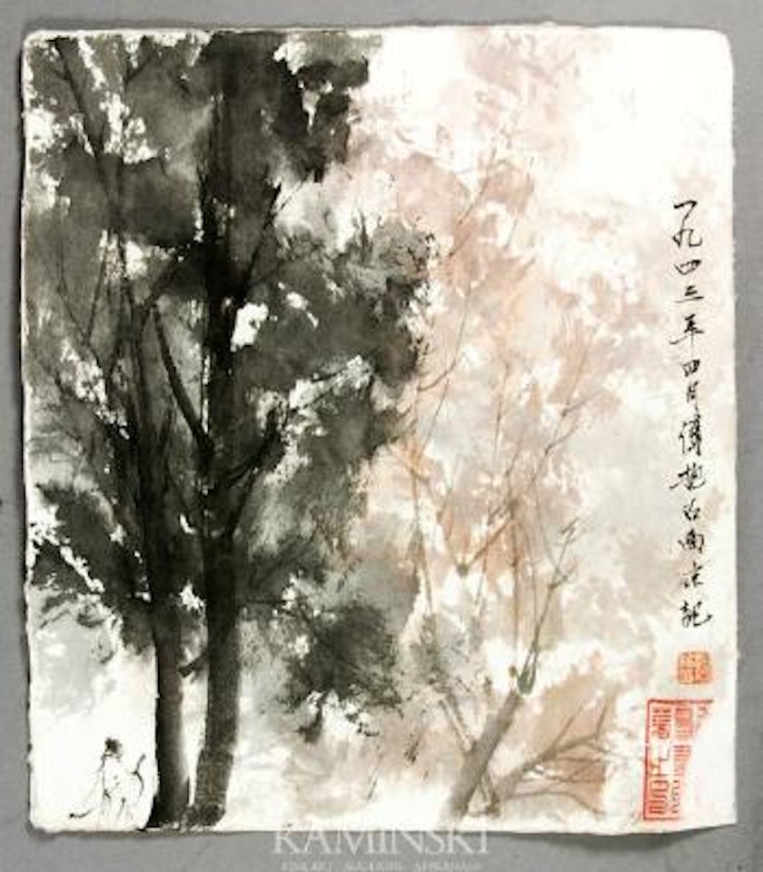 Figure in a landscape with trees by Fu Baoshi