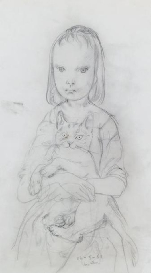 Jeune fille tenant son chat sur les genoux by Leonard Tsuguharu Foujita