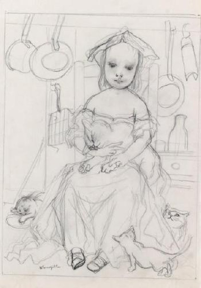 Jeune fille à la cuisine et ses chats by Leonard Tsuguharu Foujita