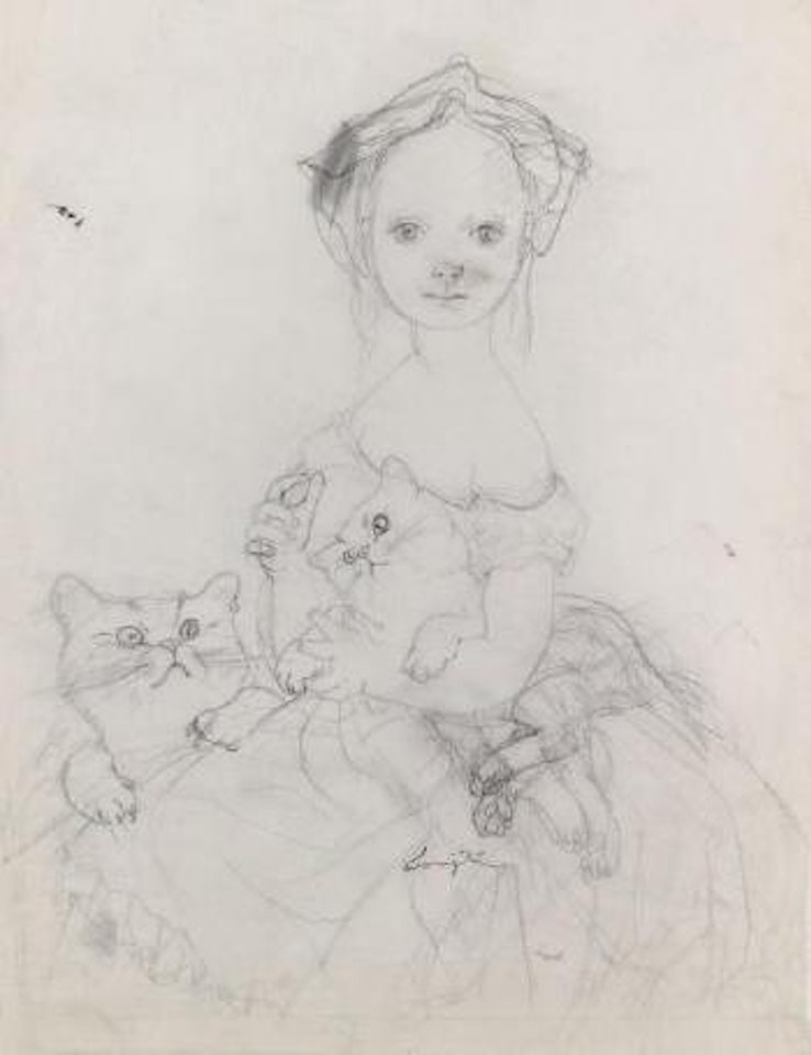 Jeune fille au fichu jouant avec ses chats by Leonard Tsuguharu Foujita