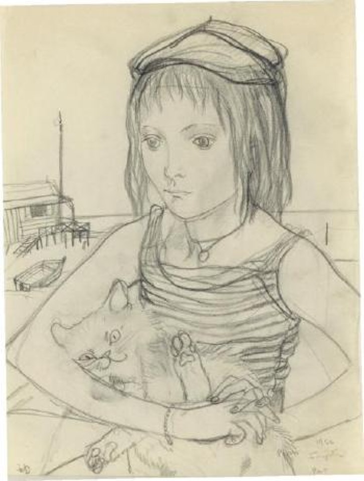 Jeune fille avec son chat sur la plage by Leonard Tsuguharu Foujita