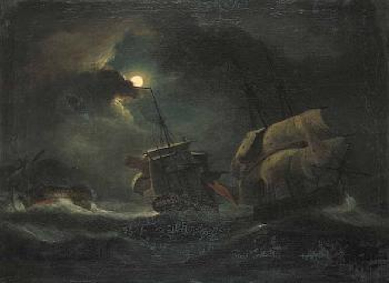 Untitled - two British vessels engaging a French man of war by moonlight by Thomas Luny
