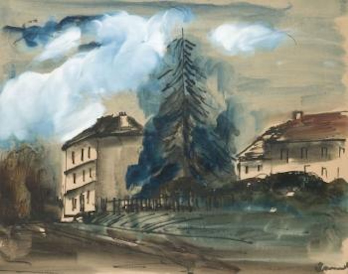 Maisons et sapin au bord de la route by Maurice de Vlaminck