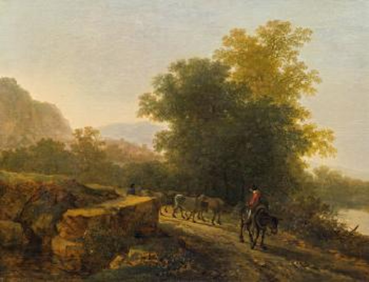 Bewaldete gebirgige, südliche Flusslandschaft im Abendlicht mit heimkehrender Herde by Jan Both