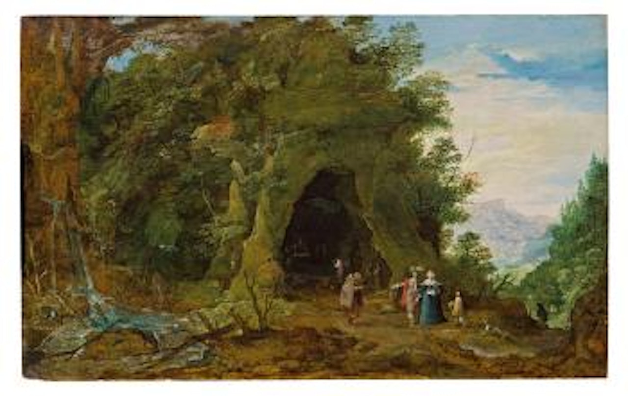 Gebirgslandschaft mit Andacht in einer Felsgrotte by Joos de Momper the Younger