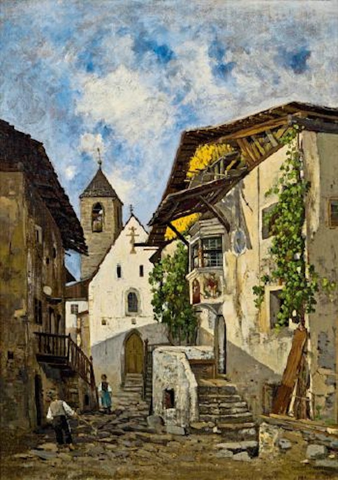 Blick auf die Margarethenkirche in Albeins bei Brixen by Theodor von Hörmann