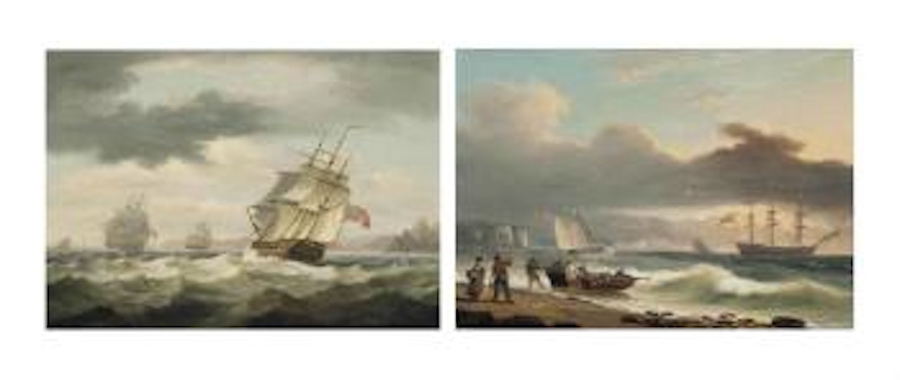 British warships off the entrance to Salcombe harbour; and A British warship lying at anchor in a stiff onshore breeze with figures dragging in a boat on the foreshore (both illustrated) by Thomas Luny