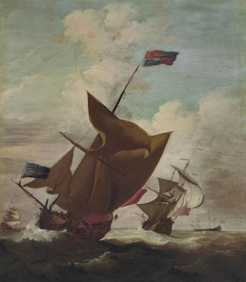 An English Royal Yacht, with the Lord High Admiral, Prince George (husband of Queen Anne, 1653-1708) aboard, amidst escorting warships in a stiff breeze possibly en route to Denmark, the Prince's home by Peter Monamy