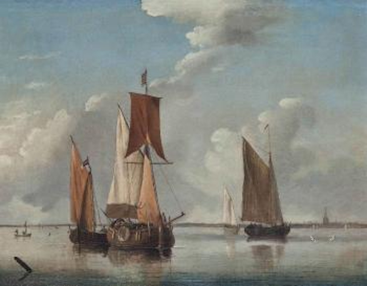 Dutch hoys and other coastal craft in a calm off the low countries by Francis Swaine