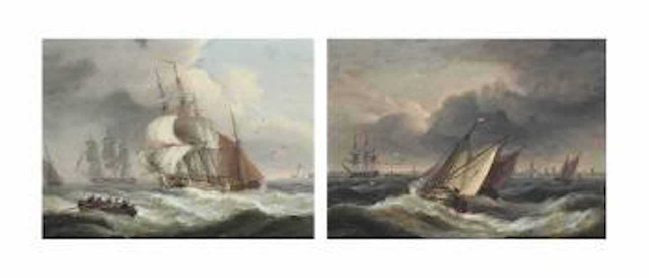 Merchantmen in a stiff breeze off a headland; and Windschips in a freshening breeze on the Scheldt (both illustrated) by Thomas Luny