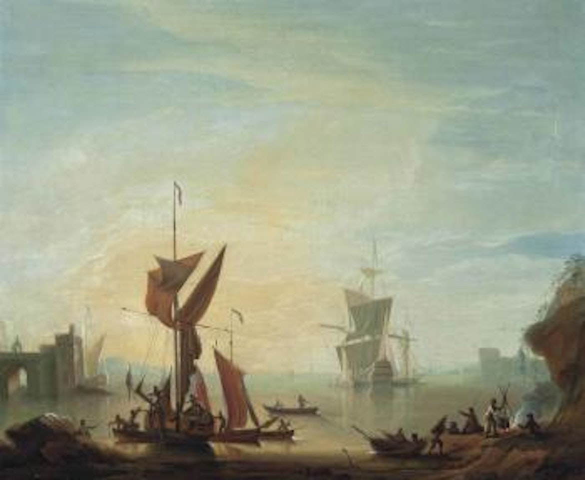 A British warship lying off a fortified Mediterranean port by Peter Monamy