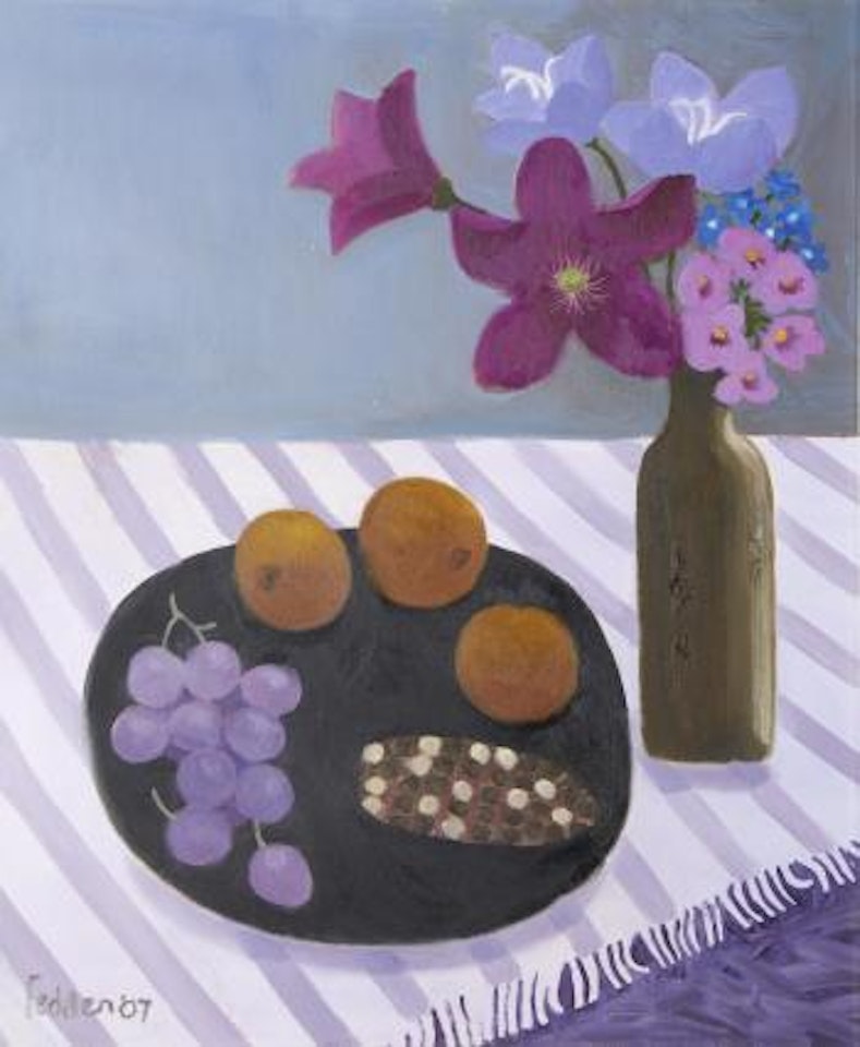 Still life with black tray and bunch of grapes by Mary Fedden