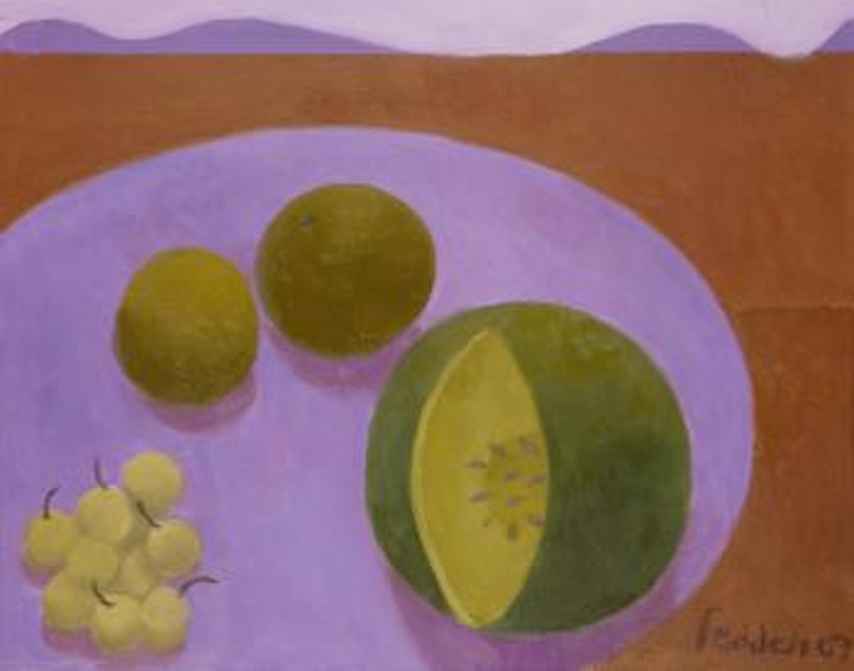 Still Life with Melon and Red Landscape by Mary Fedden