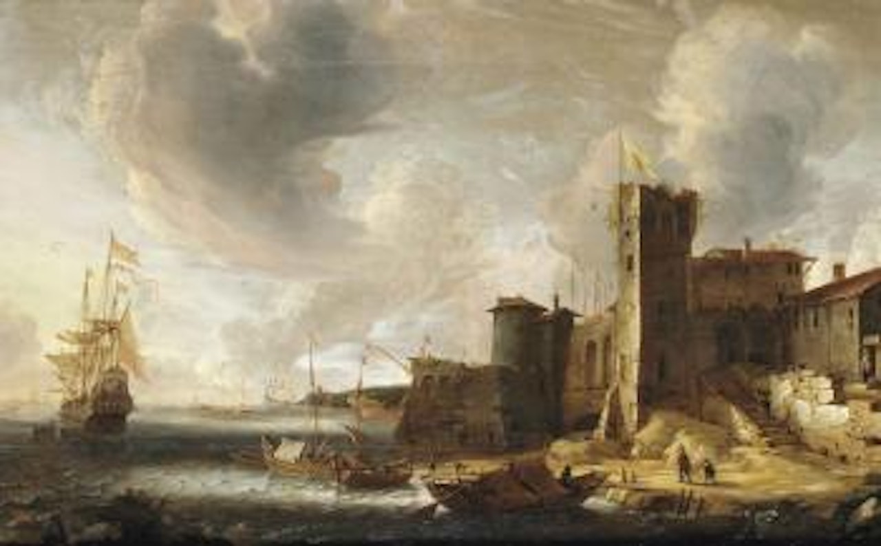An Italianate harbourscene with the Dutch fleet at bay by Jan Abrahamsz. Beerstraten