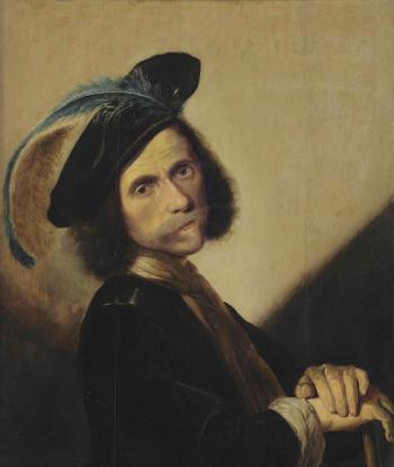 Portrait of a moustachioed man, bust-length, in a black jacket, a feathered beret and a neckcloth, leaning on a cane by Dutch School