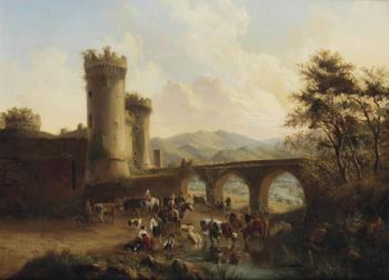 A view of Tivoli with herdsman watering their cattle by August Knip