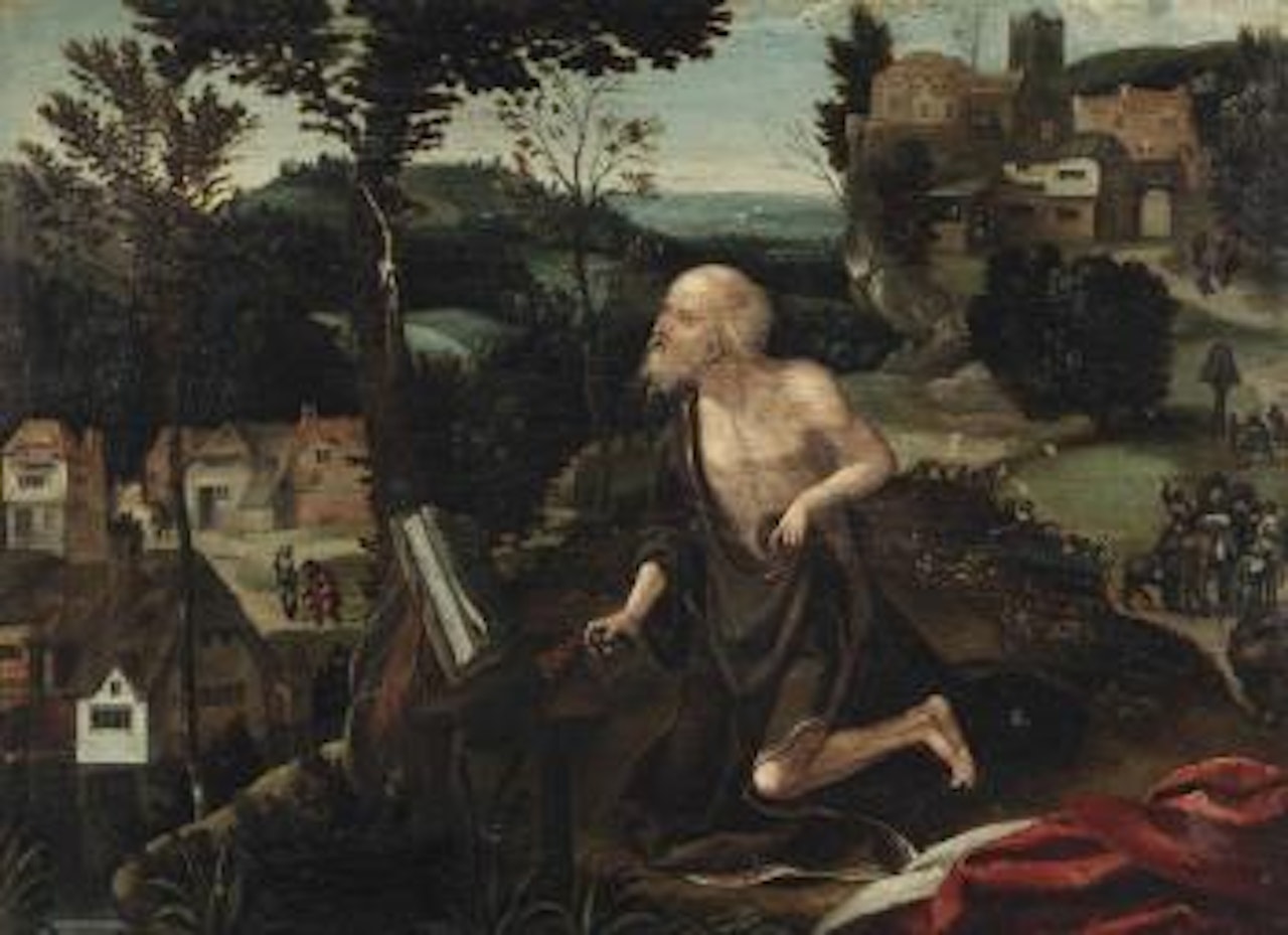 The Penitent Saint Jerome in an extensive rocky landscape by Joachim Patenier