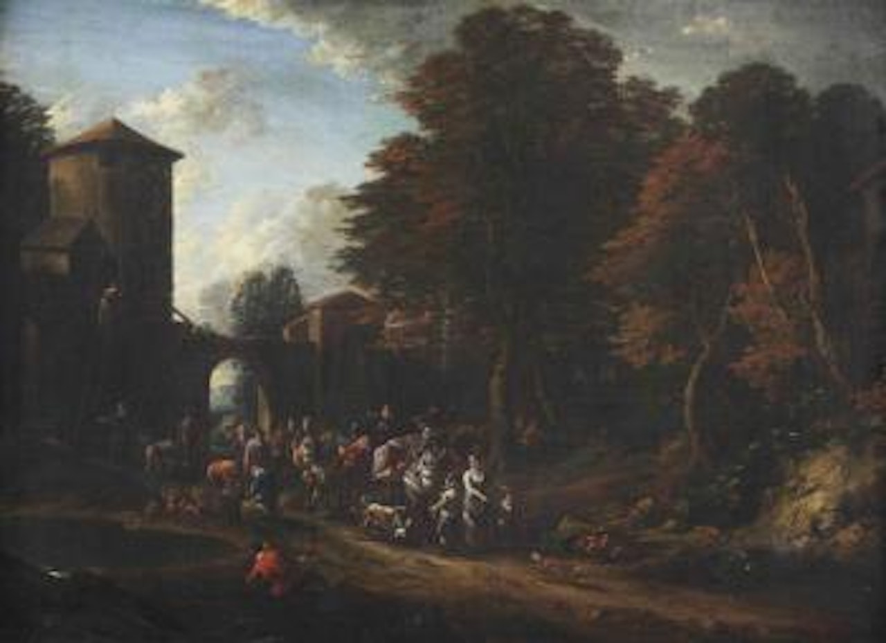 A wooded landscape with merchants near a village gate by Adriaen Frans Boudewyns by Pieter Bout