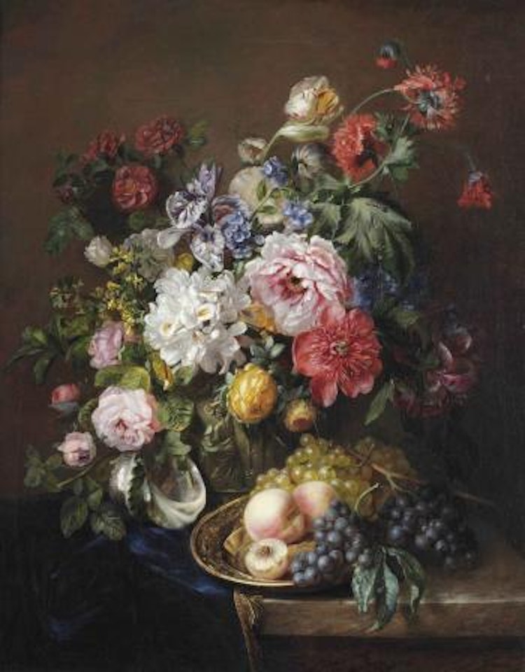 Roses, poppies, peonies, tulips and syringa with a caterpillar and a moth in a vase with classical reliefs, peaches and grapes on a copper ewer and grapes and a seashell on a partially draped marble ledge by Adriana Haanen