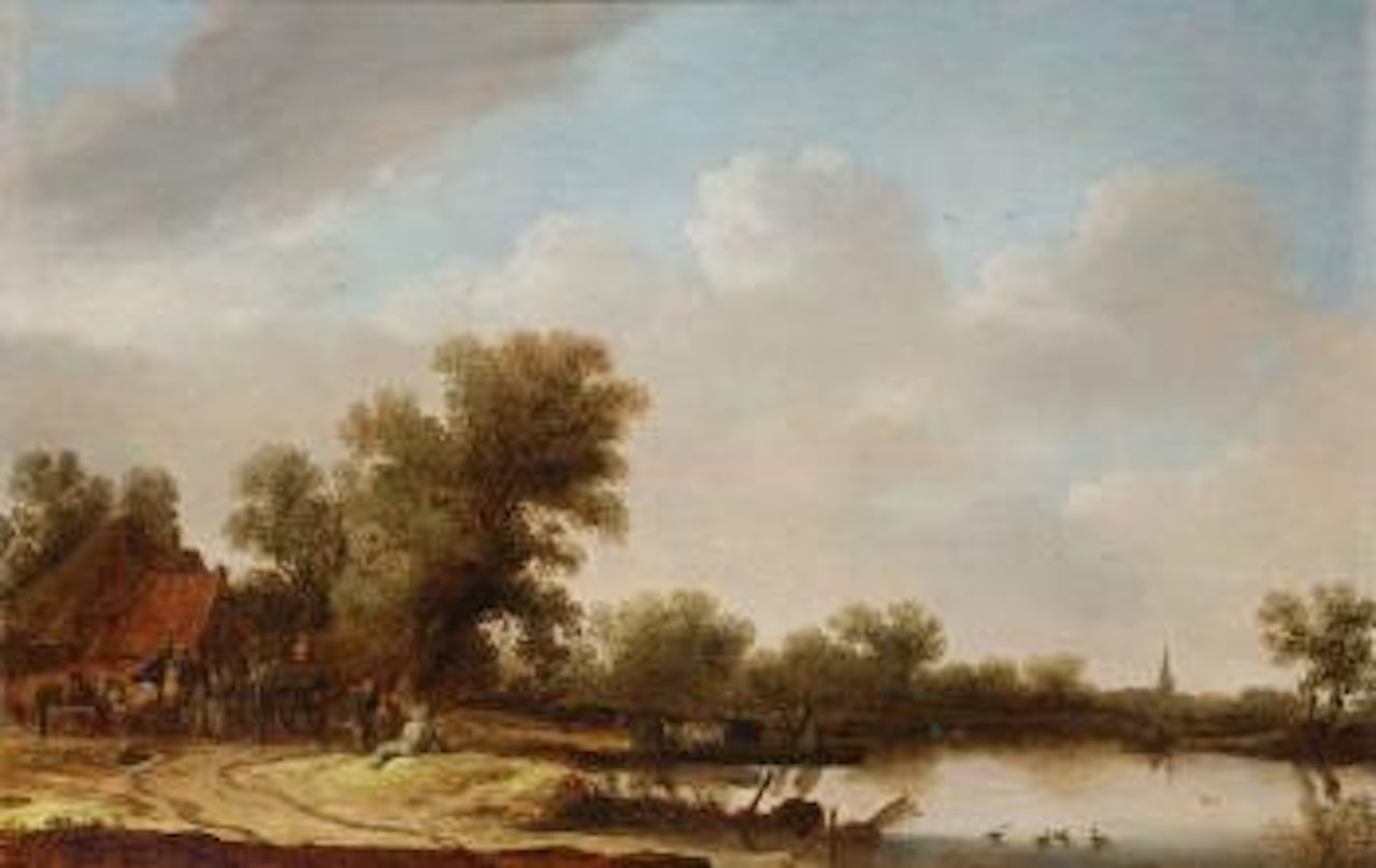 A river landscape with figures outside an inn by Jan van Goyen