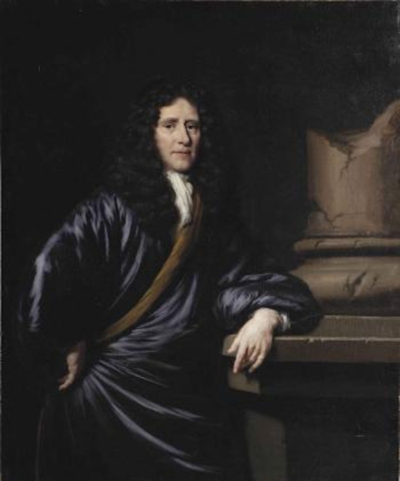 Portrait of a gentleman, three-quarter-length, in gold-lined, midnight blue silk 'japonse rok', leaning against a broken marble column by Nicolaes Maes