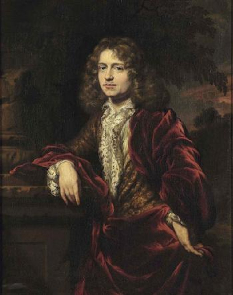 Portrait of a gentleman, three-quarter-length, in a white lace trimmed chemise and a red cloak over a gold brocate jacket, standing by a classical column in a park landscape by Nicolaes Maes