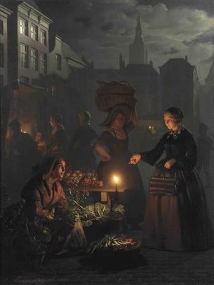 A moonlit vegetable market on De grote markt, The Hague by Petrus van Schendel