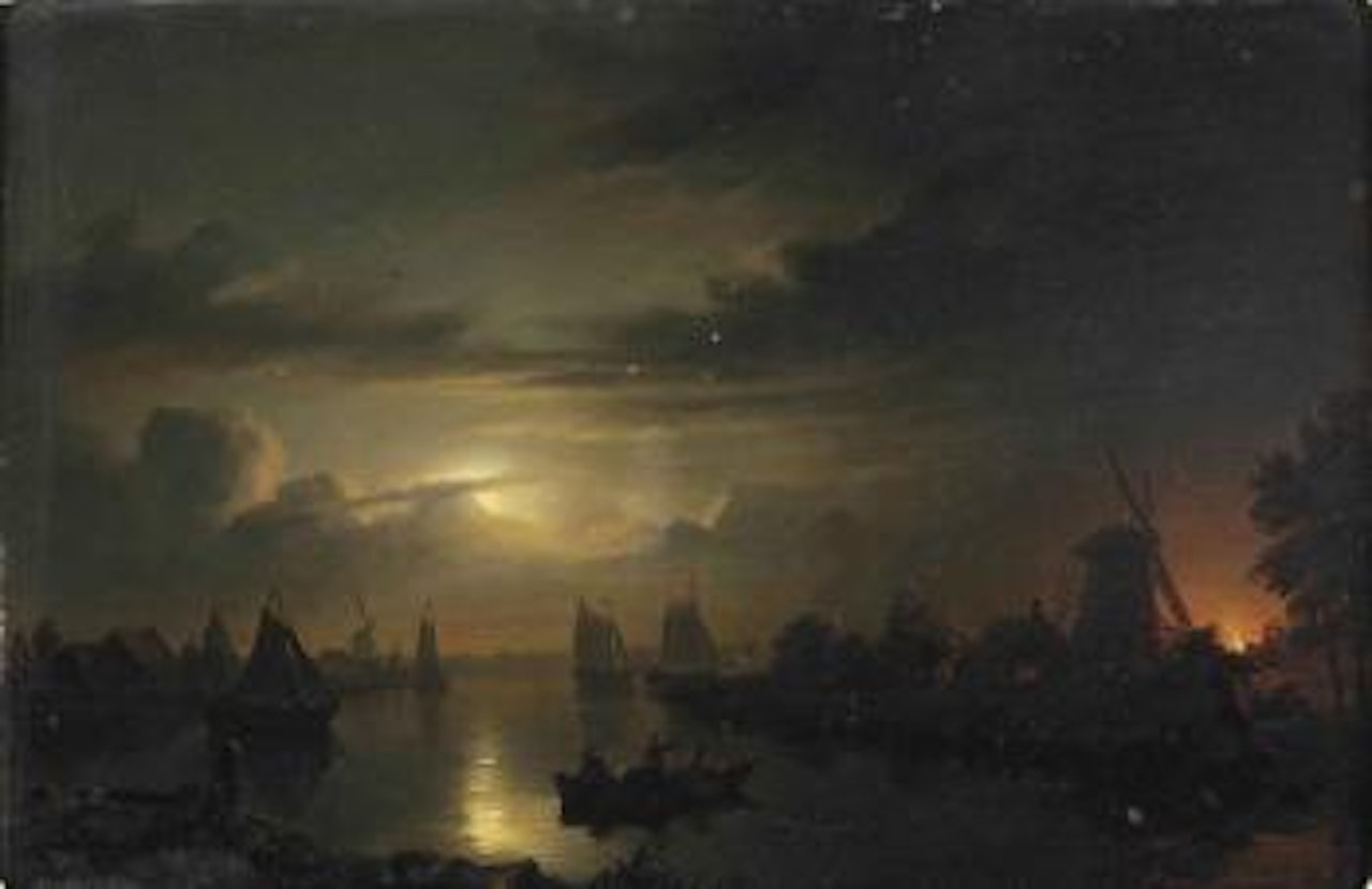 A moonlit river with a fire blazing in the background by Petrus van Schendel