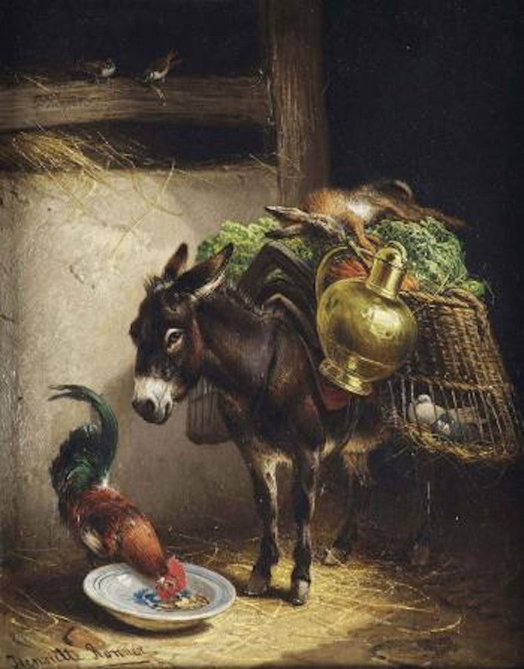 A donkey packed with goods and a rooster, in a stable by Henriette Ronner-Knip