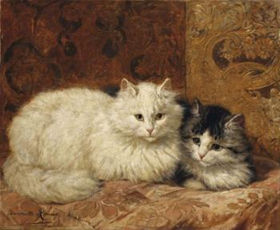 Two cats on a cushion by Henriette Ronner-Knip
